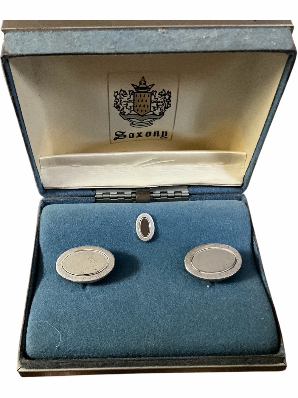 Vintage Saxony Cuff Links and Tie Tac Set Silver Tone Metal